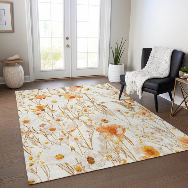HomeRoots 5' Elegant Floral Area Rug - Ivory & Beige Washable Design for Indoor & Outdoor Spaces, Durable Style 9' X 12' 611148