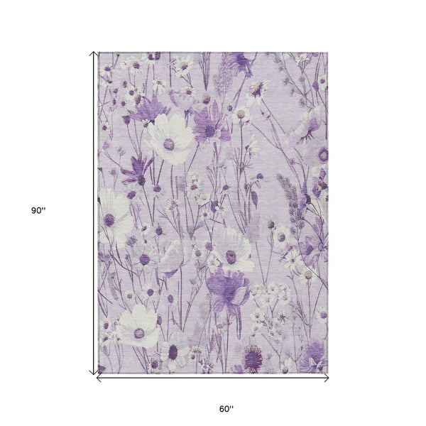 HomeRoots 5' Floral Area Rug in Soft Lavender and Lilac - Washable, Durable for Indoor and Outdoor Use 5' X 8' 611151