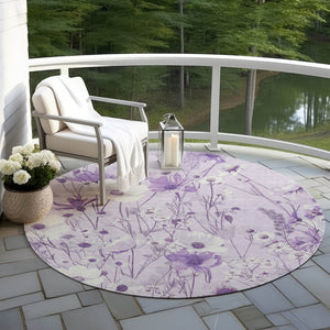 HomeRoots 5' Floral Area Rug in Soft Lavender and Lilac - Washable, Durable for Indoor and Outdoor Use 8' Round 611152