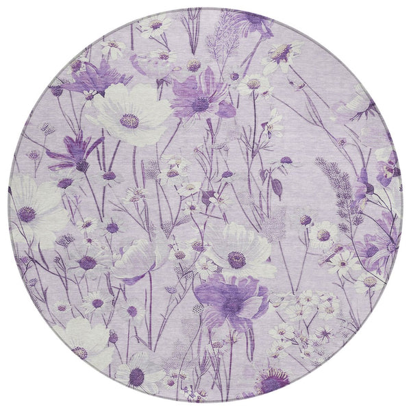 HomeRoots 5' Floral Area Rug in Soft Lavender and Lilac - Washable, Durable for Indoor and Outdoor Use 8' Round 611152