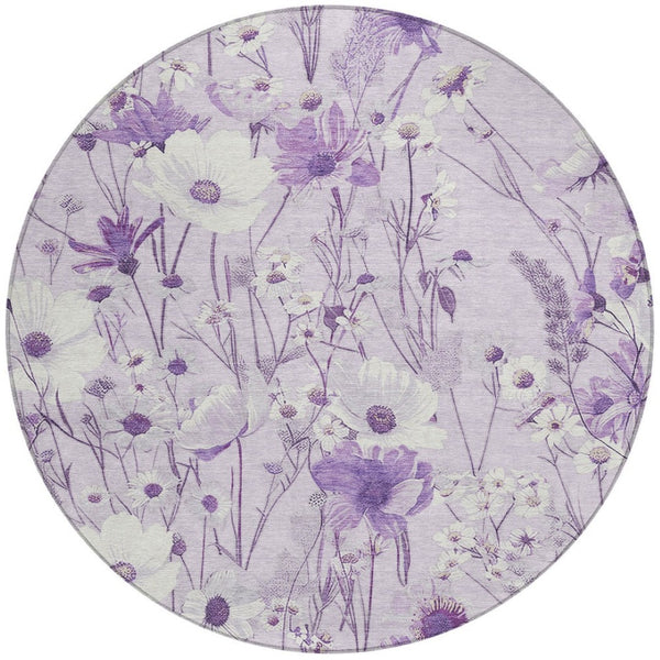 HomeRoots 5' Floral Area Rug in Soft Lavender and Lilac - Washable, Durable for Indoor and Outdoor Use 8' Round 611152