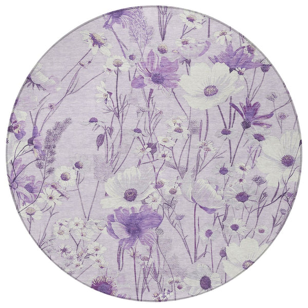 HomeRoots 5' Floral Area Rug in Soft Lavender and Lilac - Washable, Durable for Indoor and Outdoor Use 8' Round 611152