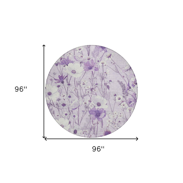 HomeRoots 5' Floral Area Rug in Soft Lavender and Lilac - Washable, Durable for Indoor and Outdoor Use 8' Round 611152