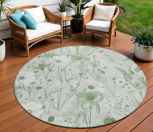 HomeRoots 5' Refreshing Mint Green and Ivory Floral Area Rug - Durable, Washable, Perfect for Indoors or Outdoors 8' Round 611158
