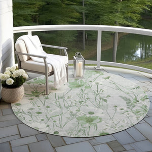 HomeRoots 5' Refreshing Mint Green and Ivory Floral Area Rug - Durable, Washable, Perfect for Indoors or Outdoors 8' Round 611158