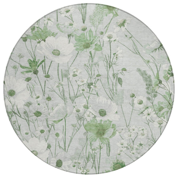 HomeRoots 5' Refreshing Mint Green and Ivory Floral Area Rug - Durable, Washable, Perfect for Indoors or Outdoors 8' Round 611158