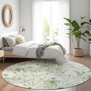 HomeRoots 5' Refreshing Mint Green and Ivory Floral Area Rug - Durable, Washable, Perfect for Indoors or Outdoors 8' Round 611158