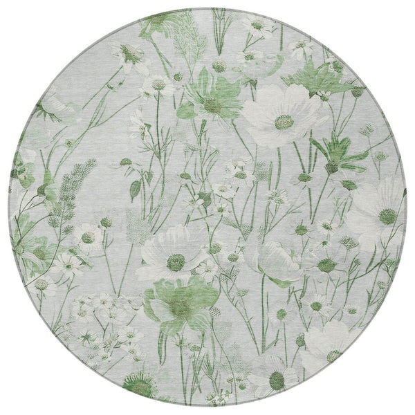 HomeRoots 5' Refreshing Mint Green and Ivory Floral Area Rug - Durable, Washable, Perfect for Indoors or Outdoors 8' Round 611158