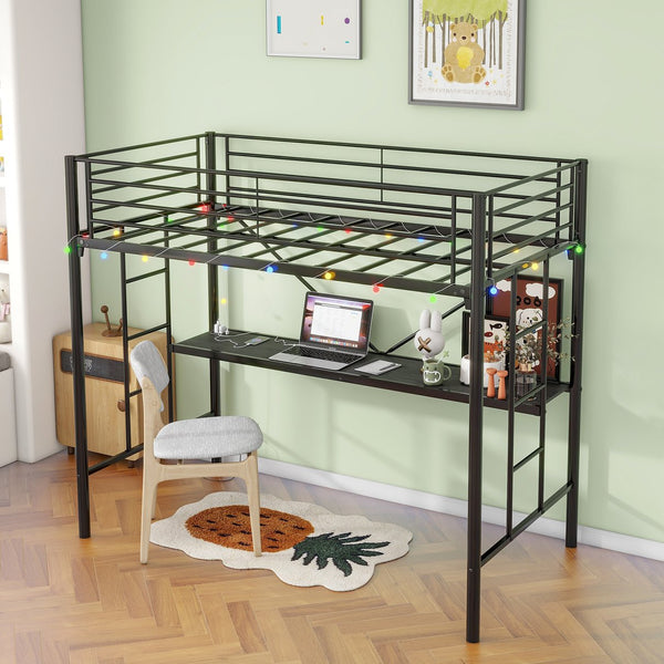 English Elm Twin Metal Loft Bed with Desk, LED Mood Lights, Full Safety Guardrails, Built-in Power Outlet & USB W840P192240
