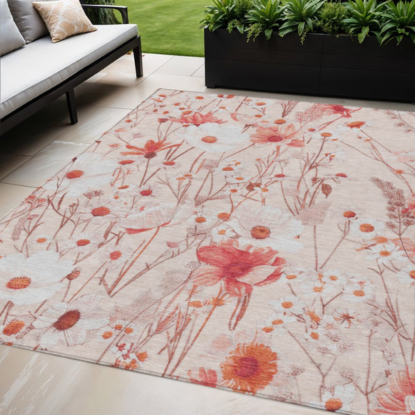 HomeRoots 5' Vibrant Salmon and Coral Floral Washable Rug for Indoor and Outdoor Spaces - Durable and Stylish 5' X 8' 611169