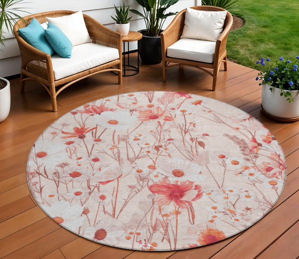 HomeRoots 5' Vibrant Salmon and Coral Floral Washable Rug for Indoor and Outdoor Spaces - Durable and Stylish 8' Round 611170