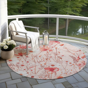 HomeRoots 5' Vibrant Salmon and Coral Floral Washable Rug for Indoor and Outdoor Spaces - Durable and Stylish 8' Round 611170