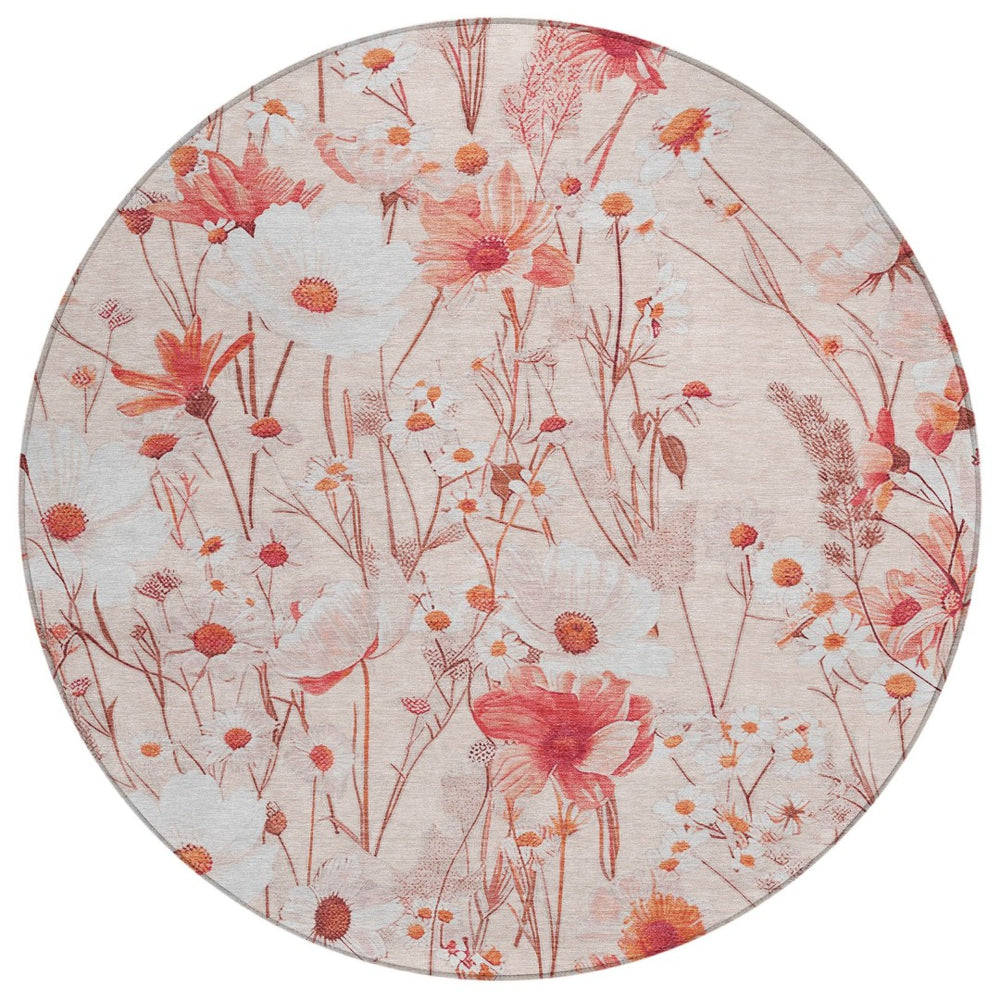 HomeRoots 5' Vibrant Salmon and Coral Floral Washable Rug for Indoor and Outdoor Spaces - Durable and Stylish 8' Round 611170