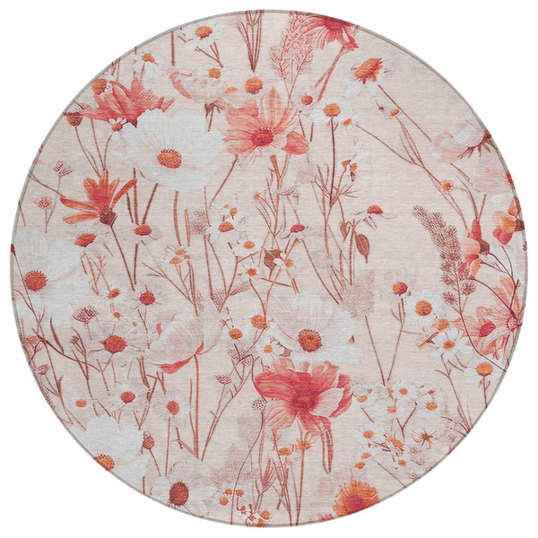 HomeRoots 5' Vibrant Salmon and Coral Floral Washable Rug for Indoor and Outdoor Spaces - Durable and Stylish 8' Round 611170