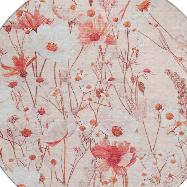 HomeRoots 5' Vibrant Salmon and Coral Floral Washable Rug for Indoor and Outdoor Spaces - Durable and Stylish 8' Round 611170