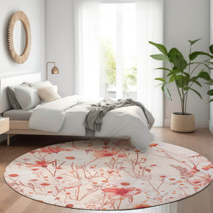 HomeRoots 5' Vibrant Salmon and Coral Floral Washable Rug for Indoor and Outdoor Spaces - Durable and Stylish 8' Round 611170