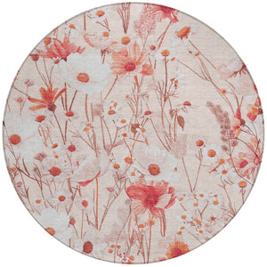 HomeRoots 5' Vibrant Salmon and Coral Floral Washable Rug for Indoor and Outdoor Spaces - Durable and Stylish 8' Round 611170