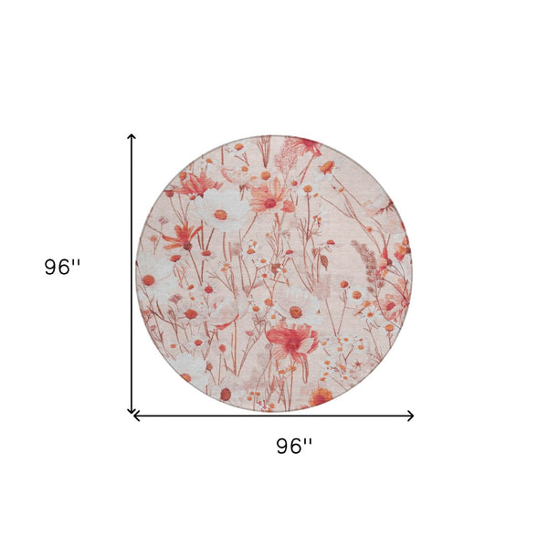 HomeRoots 5' Vibrant Salmon and Coral Floral Washable Rug for Indoor and Outdoor Spaces - Durable and Stylish 8' Round 611170