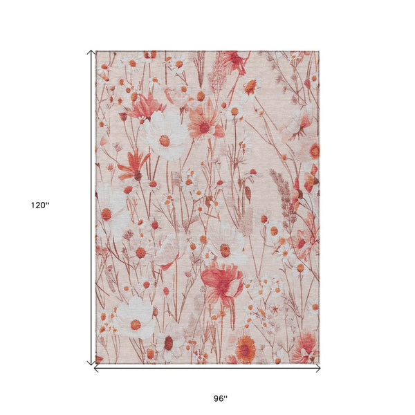HomeRoots 5' Vibrant Salmon and Coral Floral Washable Rug for Indoor and Outdoor Spaces - Durable and Stylish 8' X 10' 611171