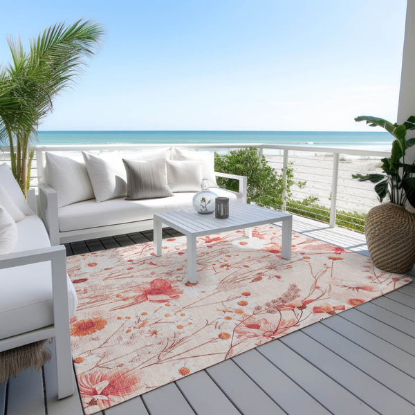 HomeRoots 5' Vibrant Salmon and Coral Floral Washable Rug for Indoor and Outdoor Spaces - Durable and Stylish 8' X 10' 611171