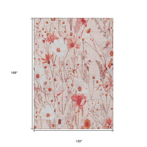 HomeRoots 5' Vibrant Salmon and Coral Floral Washable Rug for Indoor and Outdoor Spaces - Durable and Stylish 10' X 14' 611173