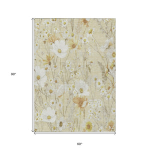 HomeRoots 5' Wheat and Ivory Floral Area Rug - Washable Indoor Outdoor Mat for Stylish, Durable Spaces 5' X 8' 611175