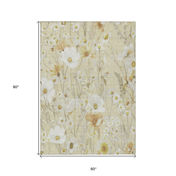 HomeRoots 5' Wheat and Ivory Floral Area Rug - Washable Indoor Outdoor Mat for Stylish, Durable Spaces 5' X 8' 611175