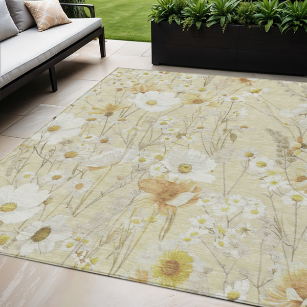 HomeRoots 5' Wheat and Ivory Floral Area Rug - Washable Indoor Outdoor Mat for Stylish, Durable Spaces 5' X 8' 611175