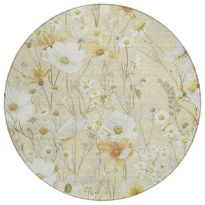 HomeRoots 5' Wheat and Ivory Floral Area Rug - Washable Indoor Outdoor Mat for Stylish, Durable Spaces 8' Round 611176