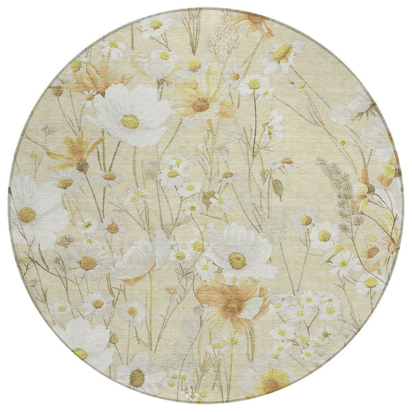 HomeRoots 5' Wheat and Ivory Floral Area Rug - Washable Indoor Outdoor Mat for Stylish, Durable Spaces 8' Round 611176