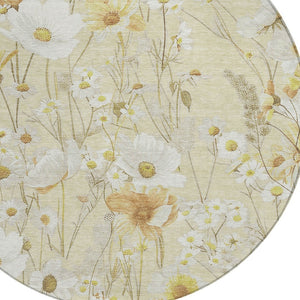 HomeRoots 5' Wheat and Ivory Floral Area Rug - Washable Indoor Outdoor Mat for Stylish, Durable Spaces 8' Round 611176