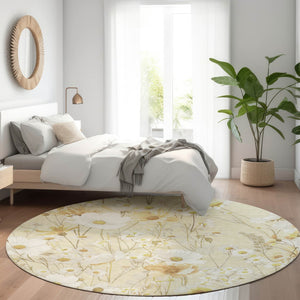 HomeRoots 5' Wheat and Ivory Floral Area Rug - Washable Indoor Outdoor Mat for Stylish, Durable Spaces 8' Round 611176