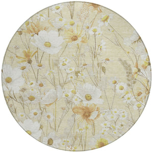 HomeRoots 5' Wheat and Ivory Floral Area Rug - Washable Indoor Outdoor Mat for Stylish, Durable Spaces 8' Round 611176