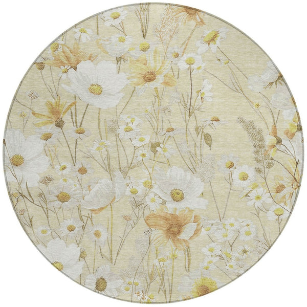 HomeRoots 5' Wheat and Ivory Floral Area Rug - Washable Indoor Outdoor Mat for Stylish, Durable Spaces 8' Round 611176