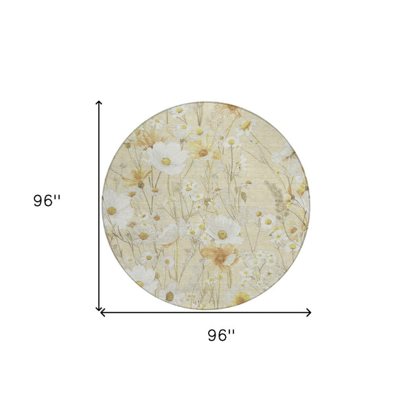 HomeRoots 5' Wheat and Ivory Floral Area Rug - Washable Indoor Outdoor Mat for Stylish, Durable Spaces 8' Round 611176