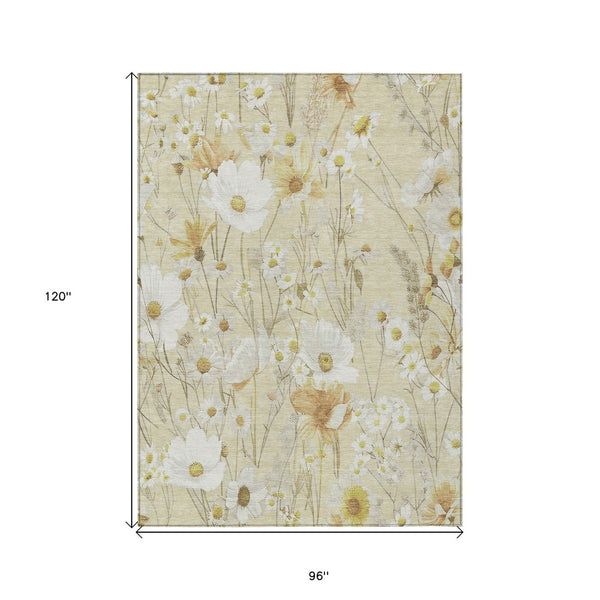 HomeRoots 5' Wheat and Ivory Floral Area Rug - Washable Indoor Outdoor Mat for Stylish, Durable Spaces 8' X 10' 611177