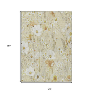 HomeRoots 9' X 12' Floral Washable Area Rug in Wheat and Ivory - Durable, Stylish, Perfect for Indoor/Outdoor Use 611178