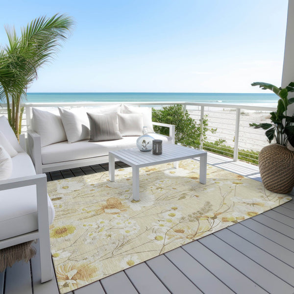 HomeRoots 5' Wheat and Ivory Floral Area Rug - Washable Indoor Outdoor Mat for Stylish, Durable Spaces 10' X 14' 611179