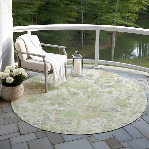 HomeRoots 5' Artichoke Green Floral Indoor Outdoor Area Rug - Durable, Washable, Stain-Resistant Beauty for Any Space 8' Round 611182