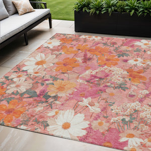 HomeRoots 5' Blush Pink and Orange Floral Area Rug - Washable, Durable Design for Indoor and Outdoor Spaces 5' X 8' 611187