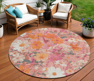 HomeRoots 5' Blush Pink and Orange Floral Area Rug - Washable, Durable Design for Indoor and Outdoor Spaces 8' Round 611188