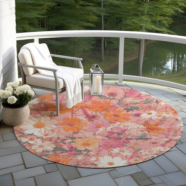 HomeRoots 5' Blush Pink and Orange Floral Area Rug - Washable, Durable Design for Indoor and Outdoor Spaces 8' Round 611188