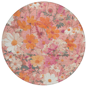 HomeRoots 5' Blush Pink and Orange Floral Area Rug - Washable, Durable Design for Indoor and Outdoor Spaces 8' Round 611188
