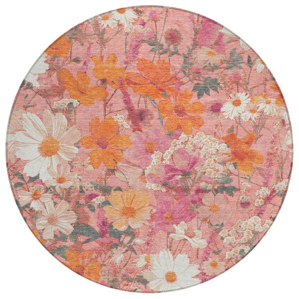 HomeRoots 5' Blush Pink and Orange Floral Area Rug - Washable, Durable Design for Indoor and Outdoor Spaces 8' Round 611188