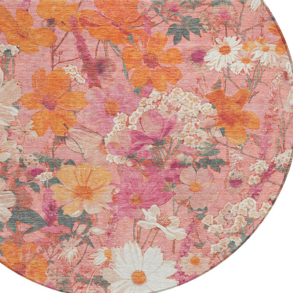 HomeRoots 5' Blush Pink and Orange Floral Area Rug - Washable, Durable Design for Indoor and Outdoor Spaces 8' Round 611188