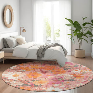 HomeRoots 5' Blush Pink and Orange Floral Area Rug - Washable, Durable Design for Indoor and Outdoor Spaces 8' Round 611188