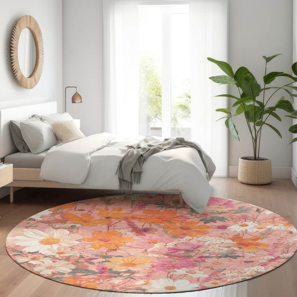HomeRoots 5' Blush Pink and Orange Floral Area Rug - Washable, Durable Design for Indoor and Outdoor Spaces 8' Round 611188