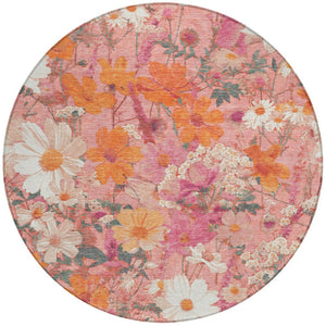 HomeRoots 5' Blush Pink and Orange Floral Area Rug - Washable, Durable Design for Indoor and Outdoor Spaces 8' Round 611188