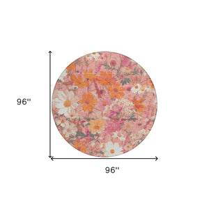HomeRoots 5' Blush Pink and Orange Floral Area Rug - Washable, Durable Design for Indoor and Outdoor Spaces 8' Round 611188
