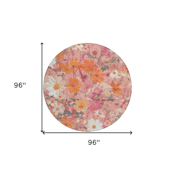 HomeRoots 5' Blush Pink and Orange Floral Area Rug - Washable, Durable Design for Indoor and Outdoor Spaces 8' Round 611188